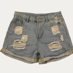 High Rise Light Wash Distressed Denim Shorts